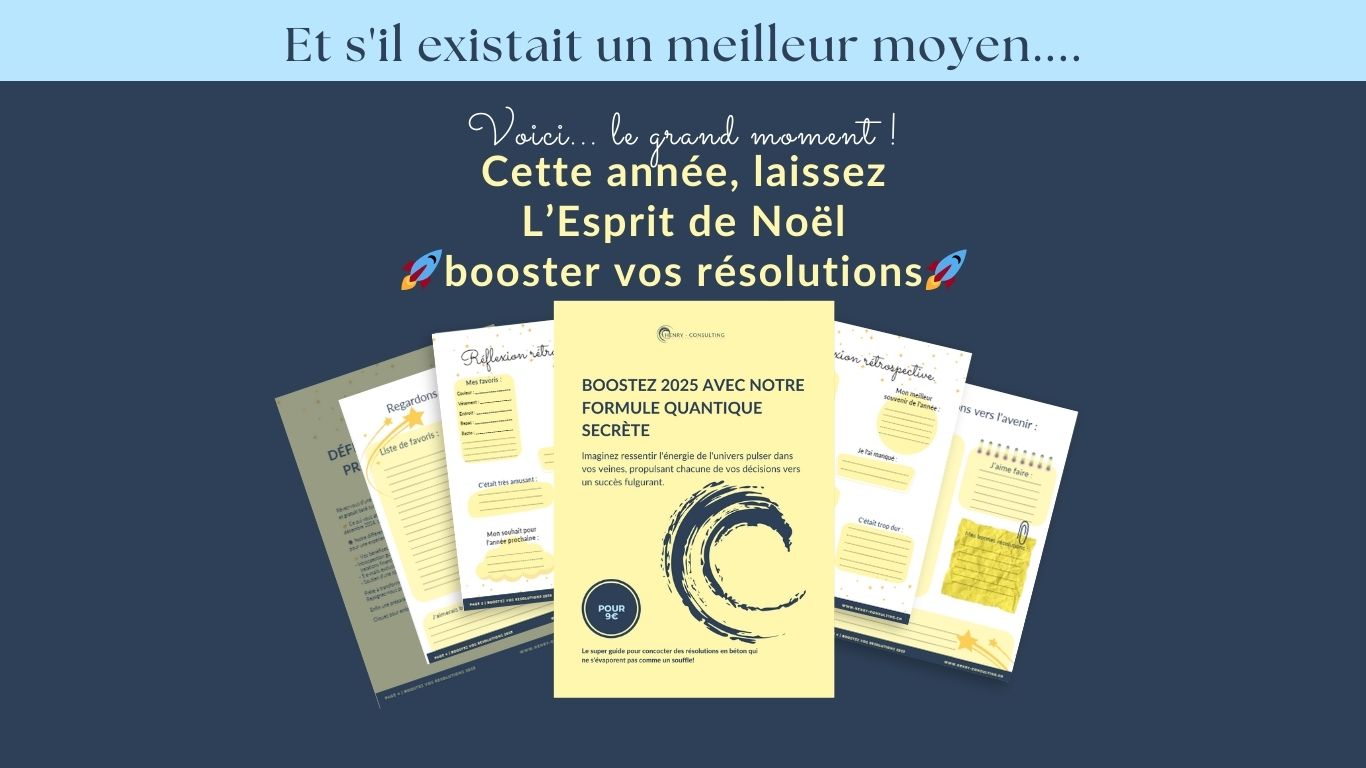 LP Ebook résolutions_moyen_quantique Visuel sur fond bleu foncé montrant quelques feuilles du guide résolutions quantiques.