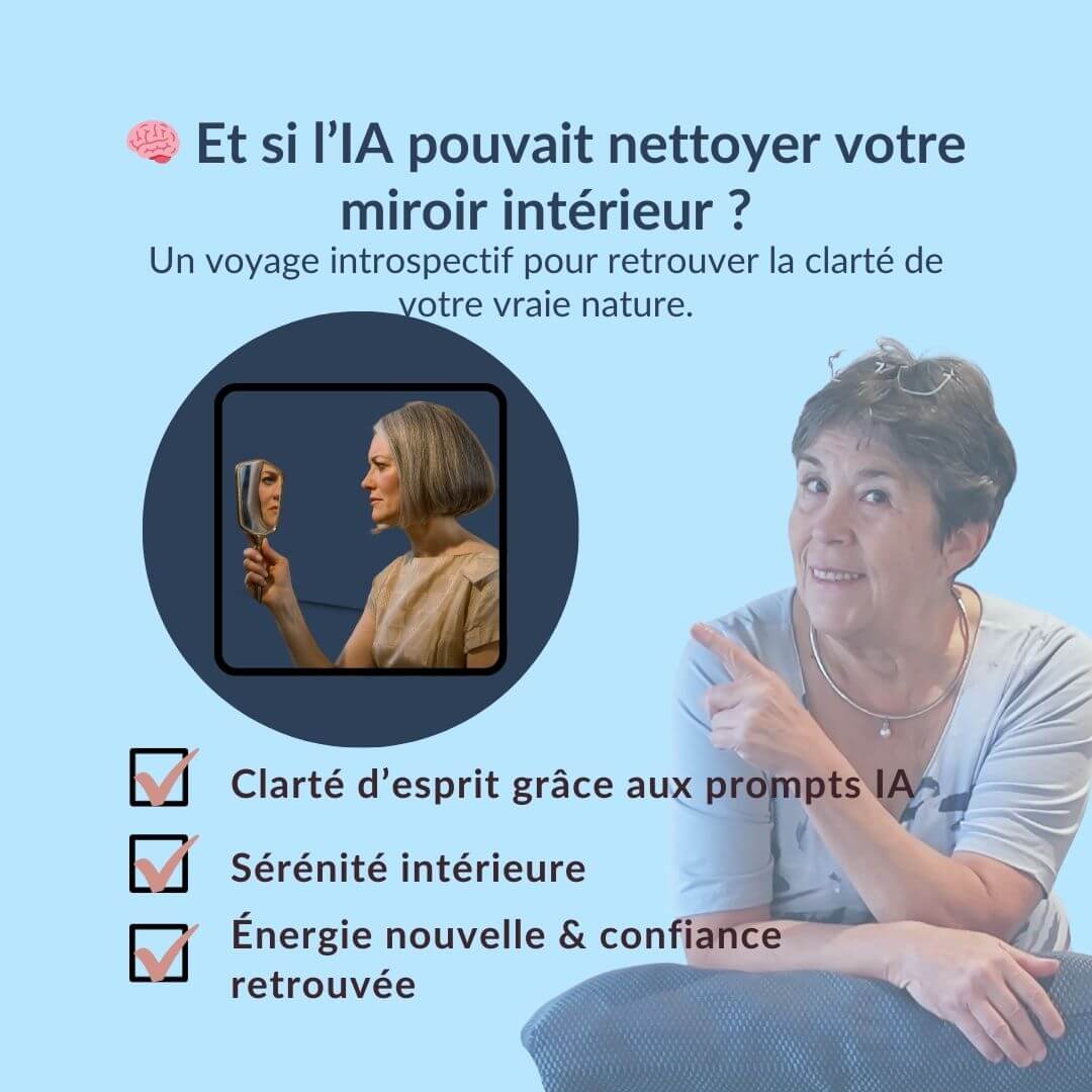 Daniela pointe son index vers un miroir qui reflète le visage de la femme qui le tient. Challenge avec le titre : Et si l'IA pouvait nettoyer ton miroir intérieur ?